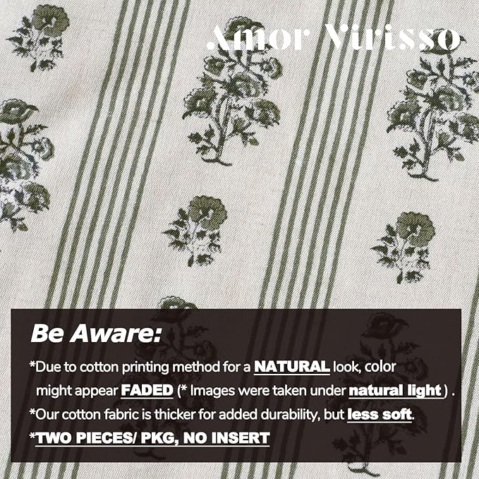 Amor Virisso Floral Throw Pillow Covers 24x24 Set of 2 Block Print Pillow Covers Neutral Floral Striped Farmhouse Decorative Pillow Covers for Sofa Couch Bed, Dusty Green