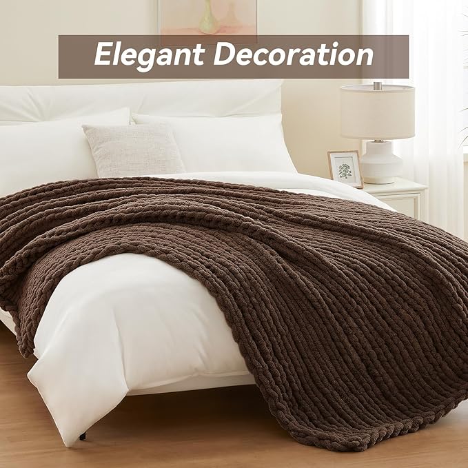 Chunky Knit Throw Blanket, 50''*60'' Knitted Throw Chenille Yarn for Bed Couch, Handmade Dark Brown Crochet Big Thick Blanket, Machine Washable Cute Comfy Blanket for Home Decor
