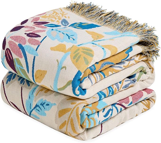 Boho Throw Blanket for Couch Sofa Chair Cotton Spring Blankets for Bedroom Living Room All Season Soft Lightweight Reversible Floral Embroidery Decorative Throws 50"x60" Home Decor