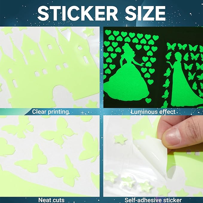 Glow in The Dark Princess Castle Wall Sticker, Self-Adhesive Star Butterfly Wall Decal for Girl's Room, Fluorescent Sticker for Ceiling Nursery (Green)