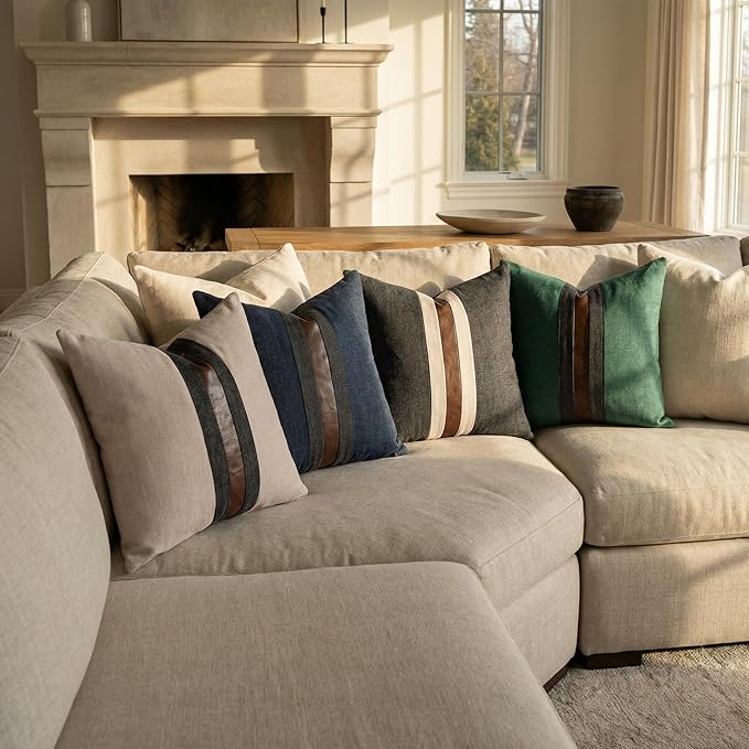 BOYSUM Set of 2 Leather Throw Pillow Covers Cotton Linen Decor Patchwork Pillow Cover Faux Leather Pillows Cover for Couch Sofa Living Room Bedroom,Beige 20"x20"
