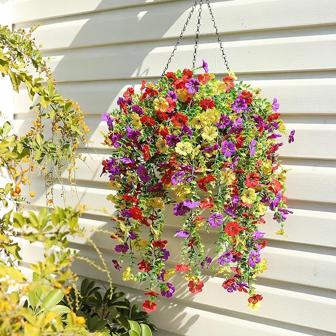 Artificial Flowers for Outdoors Spring Decor, 6 Bundles UV Resistant Realistic Fuax Silk Hanging Flowers, Fake Plants for Planter Indoor Outside Garden Porch Patio Balcony Yard Farmhouse（Mix）