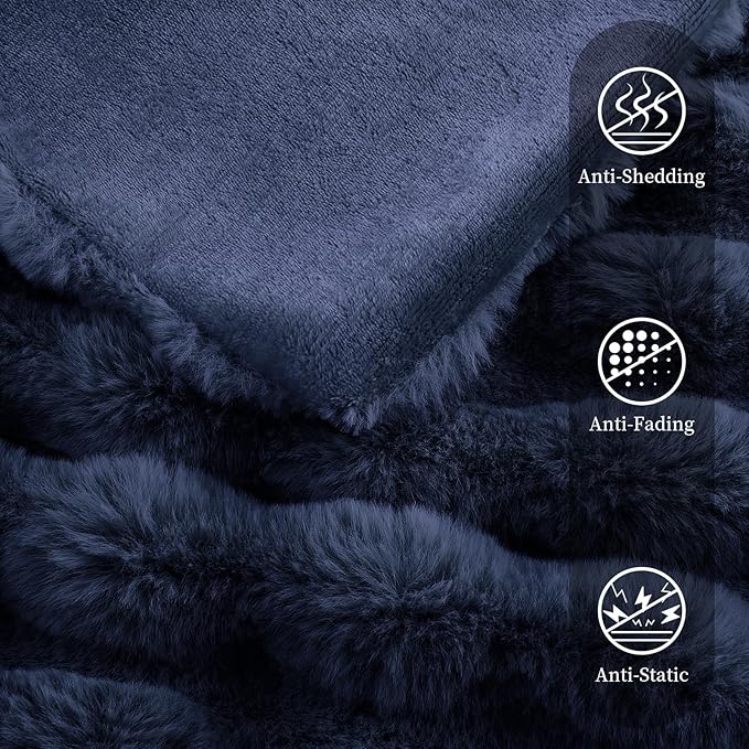 Faux Rabbit Fur Throw Blanket for Couch, Fluffy Warm Plush Thick Bubble Blanket for Bed Sofa Living Room, Soft Cozy Furry Blanket, 50x60 inches, Navy Blue