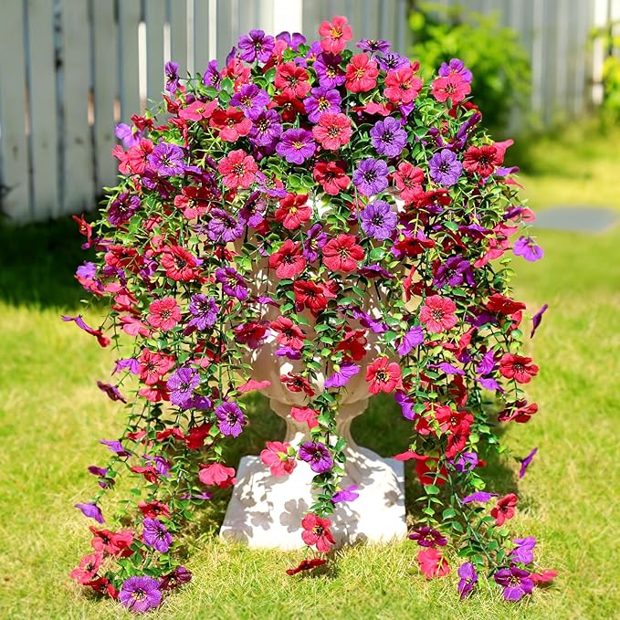 Artificial Flowers for Outdoors Spring Decor, 6 Bundles UV Resistant Realistic Fuax Silk Hanging Flowers, Fake Plants for Planter Indoor Outside Garden Porch Patio Balcony Yard(Fuchsia Purple)