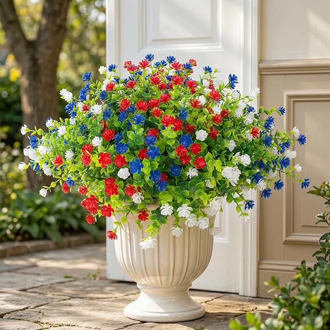 Hananona 12 Pcs Artificial Flowers Outdoor, Faux Artificial Plants UV Resistant Plastic PatrioticFlower for Hanging Planter Porch Window 4th of July Decor (12, Red, White, Blue)