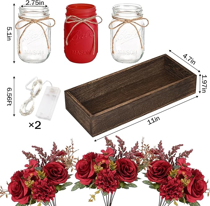 BLEUM CADE Centerpiece Table Decorations - Mason Jar Lights Centerpiece for Kitchen Dining Table Farmhouse Coffee Table Wedding Home Decor with 3 Jars Artificial Flowers & Wood Tray