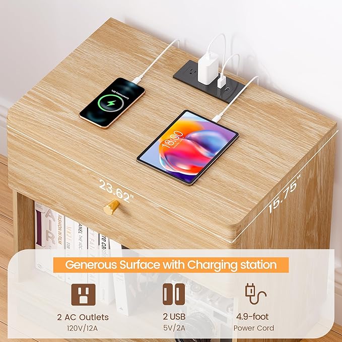 Modern Night Stand with Charging Station for Bedroom, Nightstand Bedside Table with Drawer and Storage Shelf for Bedroom (Natural-Charging Station-1 pc)