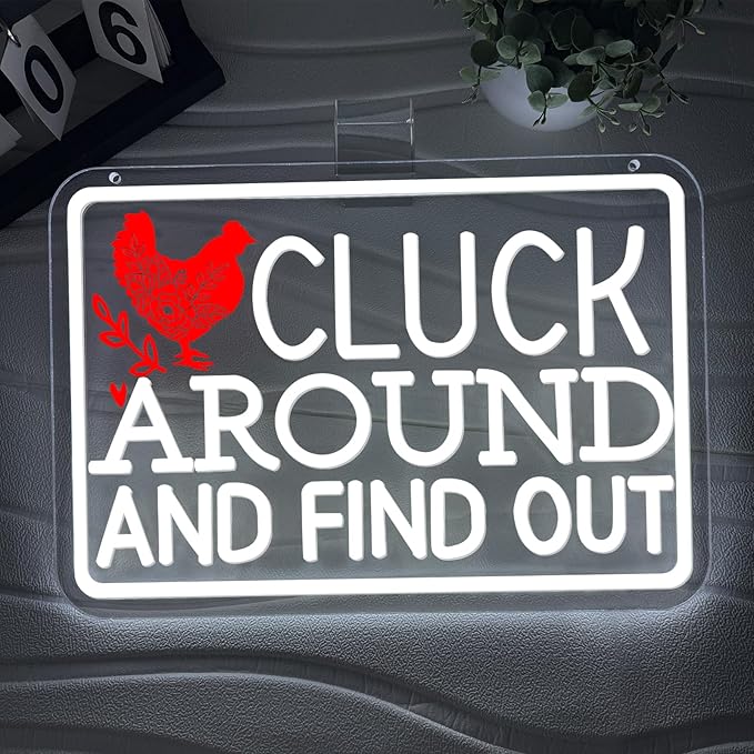 Cluck Around and Find Out Neon Sign,Chicken Led Neon Signs for Home Farm Chicken Coop Farmhouse Decor Kitchen Garden Decor,Funny Rooster Gifts (15.5 X 10.6 Inch)