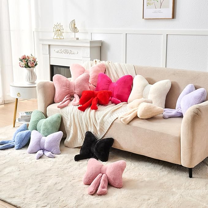 Sage Green Bow Pillow,16'' Bow Decorative Pillows with Faux Rabbit Fur,Soft Bow Throw Pillows Aesthetic Bow Shaped Pillow for Bed Sofa Couch Home Decor