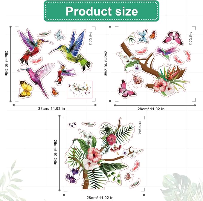 Zonon Hummingbirds Wall Decals Peel and Stick Birds Vinyl Wall Stickers Butterfly Flowers Colorful Hummingbird on the Tree Branch Flower Decals Garden Living Room Bedroom TV Decorations