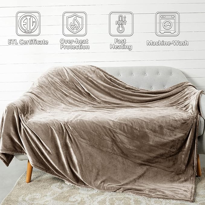 Tefici Electric Heated Blanket Queen Size, Dual Control Super Cozy Soft 2-Layer Flannel 84" x90" Heating Blanket with 3 Heat Levels & 8 Hours Auto Off,ETL&FCC Certified,Home Office Use,Camel