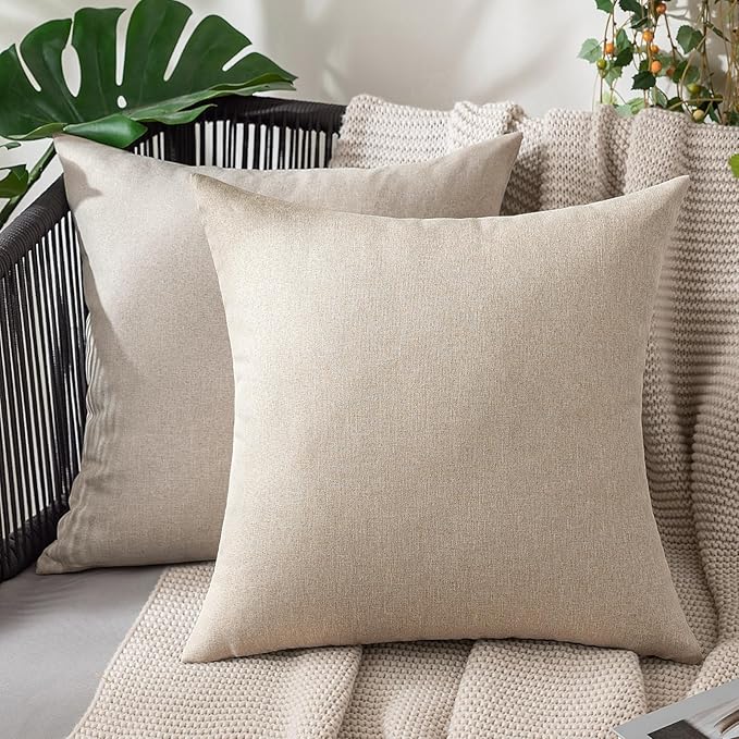 MIULEE Pack of 2 Decorative Outdoor Solid Waterproof Throw Pillow Covers Faux Linen Garden Farmhouse Cushion Cases for Patio Tent Balcony Couch Sofa 16x16 Inch Beige
