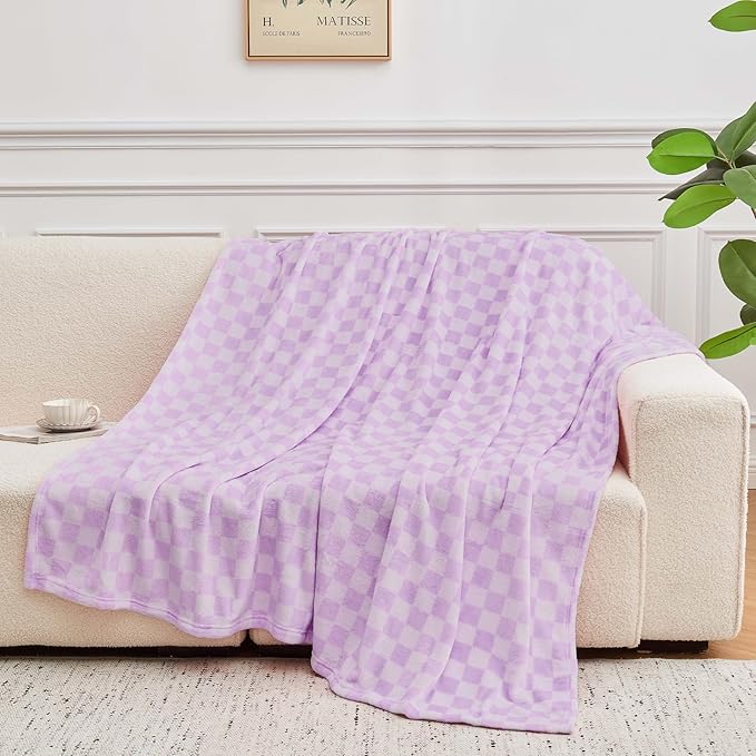 FY FIBER HOUSE Checkered Flannel Fleece Throw Blanket King Size Soft Cozy Checkerboard Grid Print Chessboard Pattern Blankets for Bed Couch Sofa, 90"x108", Purple