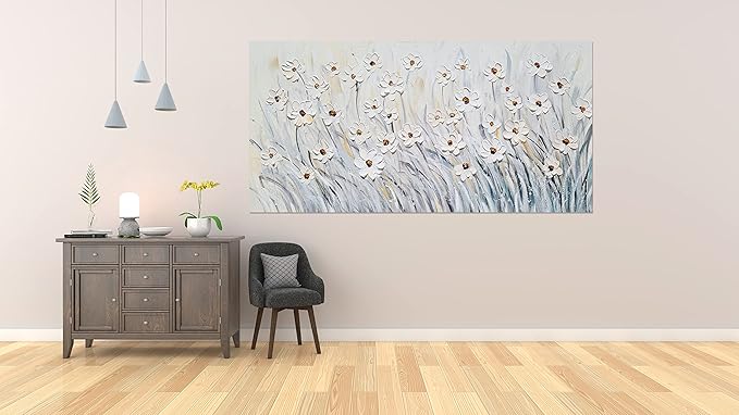 SYGALLERIER 3D White Floral Large Canvas Wall Art Hand Painted Textured Wall Art Modern Abstract Painting Aesthetic Pictures for Living Room Bedroom Bathroom Decoration