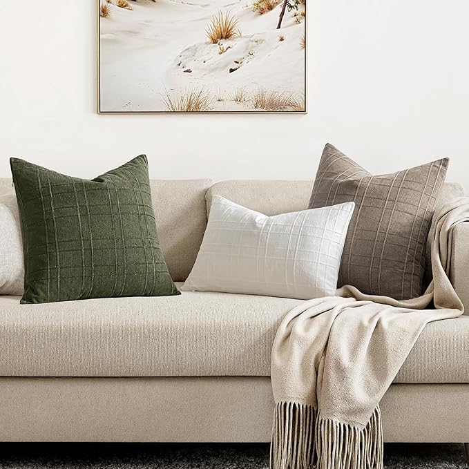 MIULEE Decorative Linen Check Euro Shams Throw Pillow Covers Neutral Farmhouse Vintage Spring Pillow Covers 28x28 Set of 2 Boho Modern Home Decor for Sofa Couch Bedroom Cushion Dark Olive Green