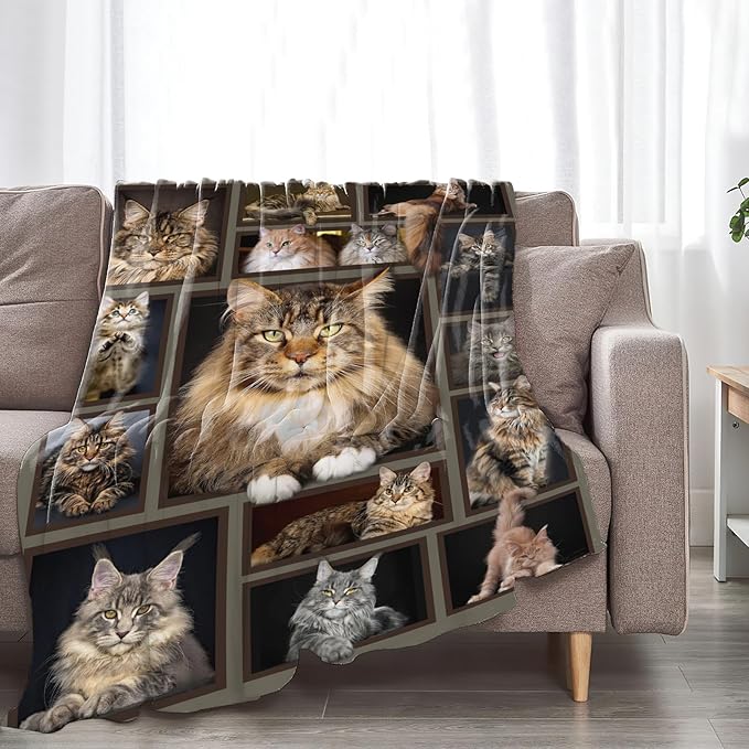 Cat Blanket for Girls Women Boys Men Adults Kids Soft Cozy Fleece Maine Coon Throw Blankets Gifts for Cat Lovers Warm Flannel Plush Stuff Lightweight Decorative for Couch Bed Sofa 50"X40"