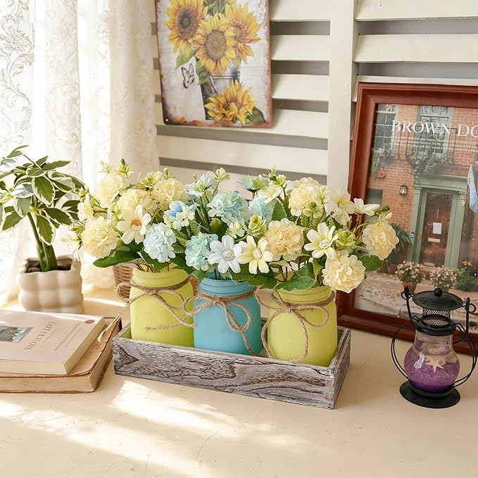 LUEUR Mason Jar Lights Centerpiece with Farmhouse Wood Tray – 3 Jars with Blue & Yellow Hydrangea Flowers, Rustic Spring & Wedding Decoration for Dining Table, Coffee Table, Kitchen & Living Room