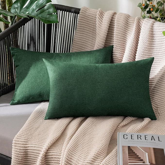 MIULEE Pack of 2 Decorative Outdoor Solid Waterproof Throw Pillow Covers Faux Linen Garden Farmhouse Cushion Cases for Patio Tent Balcony Couch Sofa 20x12 Inch Emerald Green