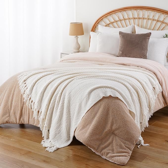 BATTILO HOME Cream Throw Blanket for Couch, Textured Knitted Throw Blanket with Tassels, Couch Cover Blanket Warm Decorative White Throw Blankets for Sofa Living Room, 60" x 80"