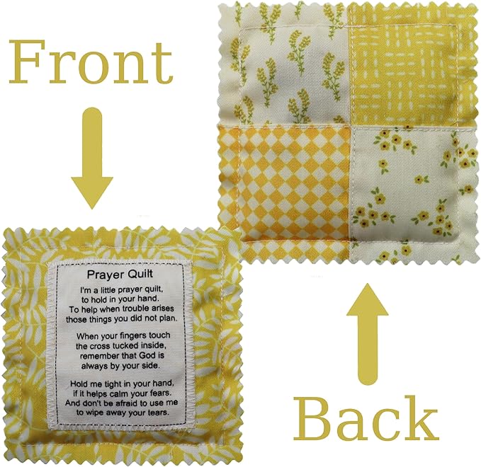 Mini Prayer Quilt with Cross Inside Vintage Pocket Scripture Prayer Quilt Squares Sympathy Christian Gifts for Women Pastor Appreciation Father's Day Graduates Gifts (Yellow)