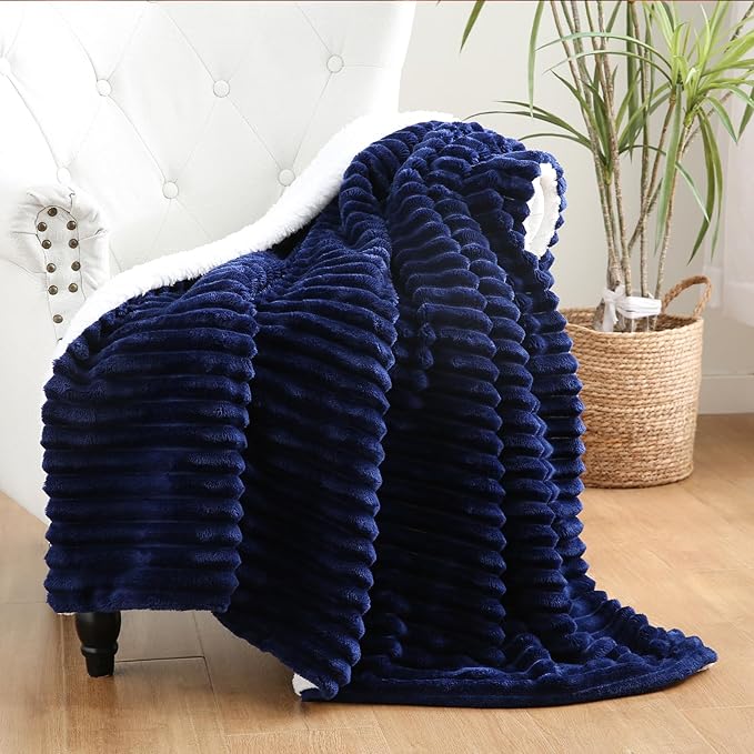 Navy Blue Sherpa Fleece Throw Blanket 108”×90” for Couch Sofa Bed,Super Soft Cozy Plush Double Side Thick Flannel Blanket with Striped Design Lightweight for Adults,Woman,Girls