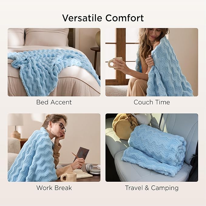 Bedsure 3D Wave Fleece Throw Blanket for Couch - GentleSoft Spring Fluffy Blanket for Sofa Bed Room Decor, Super Cozy Fleece Throw for Women, Warm Cute All Season Gift, 50x60 Inches, Light Blue