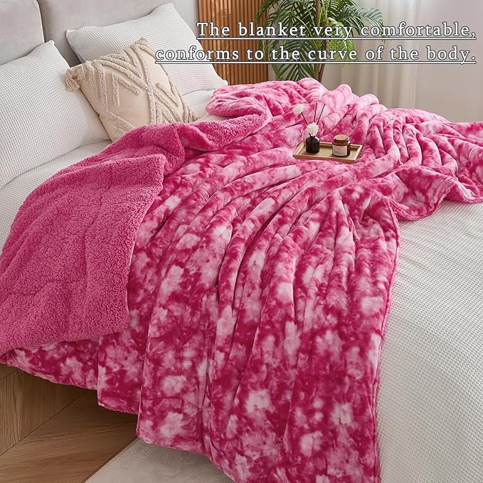 CHOSHOME Sherpa Fleece Blanket- Thick Warm Blanket for Winter, Soft Fuzzy Plush Blanket for Bed, Couch, Travel (Tie Dye Pink, Cal King 96" x 102")