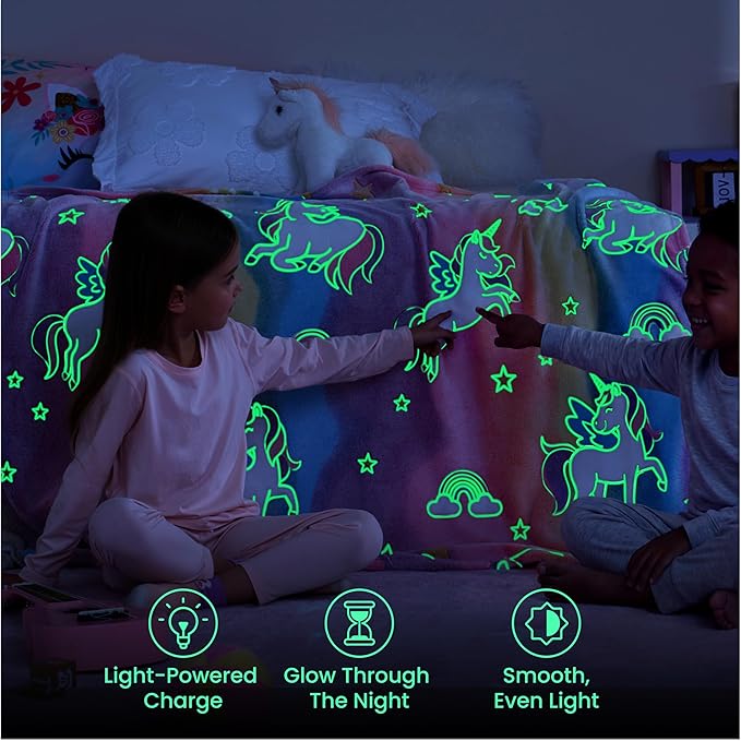 Joiedomi Glow in The Dark Blanket Unicorn Toys for Girls Age 2 3 4 5 6 7 8 9 10 11 12 Year Old Girl Gifts, Soft Cozy Flannel Kids Throw Blanket, Birthday Bedroom Decor 40"×60"