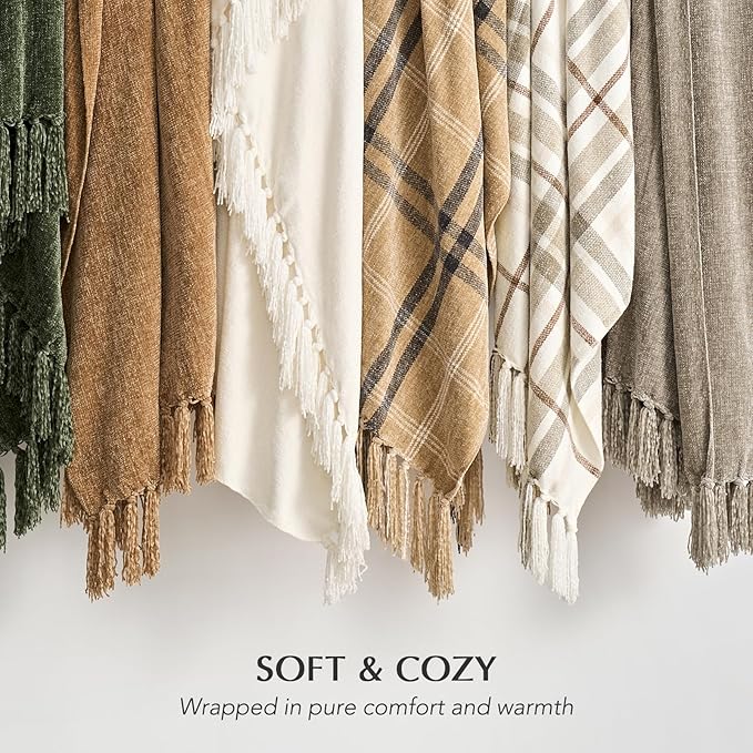 EverGrace Plaid Chenille Throw Blanket for Couch, Super Soft Cozy Decorative Farmhouse Plaid Throw with Tassels, Lightweight Chenille Knit Throw for Bed Sofa Gift Home Decor, Beige 60”x80”