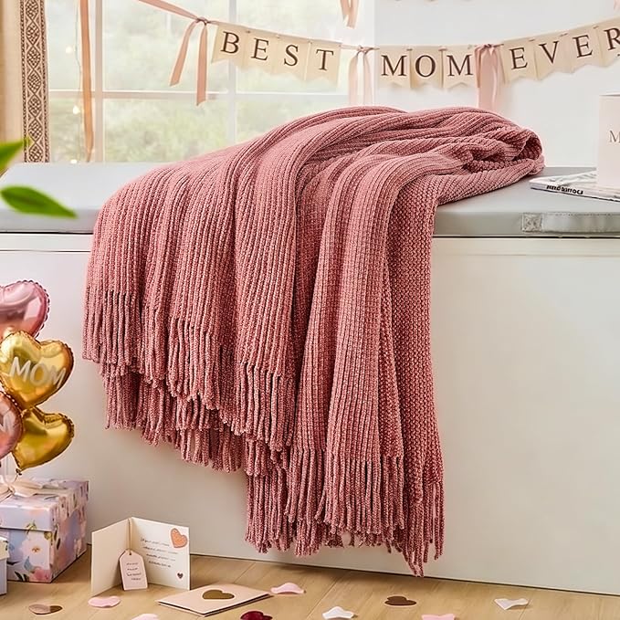 inhand Coral Pink Chunky Chenille Throw Blanket for Couch Bed, Mothers Day/Mom Birthday Gifts for Mom from Daughter Son,Soft Boho Knitted Blanket,Cozy Decor for Living Room,50"x60",Medium Thick