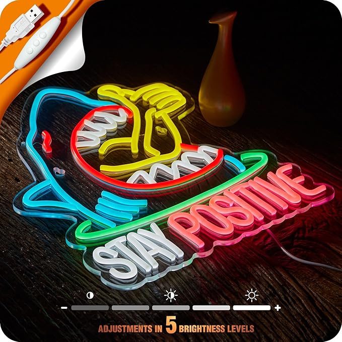 Stay Positive Neon Sign for Wall Decor Thumb up Shark Funny LED Signs Bar Man Cave Party Coffee Home Bedroom Birthday Gifts