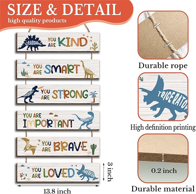 6 Pcs Dinosaur Decor Girls Room Decor Plaque Sign, Inspirational Watercolor Dinosaur Positive Quotes Wall Art Decor for Teens Bedroom Princess Toddler Room, Works of Art Made of Wood, Placards of Wood