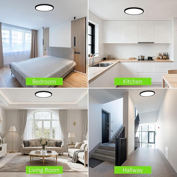 2 Pack LED Flush Mount Ceiling Light, 24W Ultra Thin Round White Lamp 3000K/4000K/6500K 3 Color Temperatures Adjusted 12 Inch Modern Ceiling Lights, Black, Wired