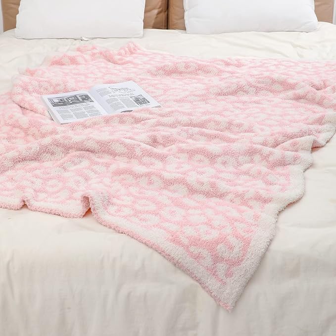 bearberry Fuzzy Leopard Knitted Throw Blanket Soft Cozy Warm Microfiber Blanket for Couch Sofa Bed Travel (Pink/Cream, 51"x70")