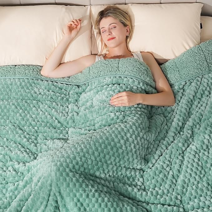 Super Fuzzy Soft Fleece Sherpa Weighted Blanket 15 lbs for Adults, 3D Imitation Turtle Shell Luxury Weighted Throw for Better Sleep, Dual Sided Cozy Heavy Blankets for Couch Bed, Sage Green, 48" x 72"