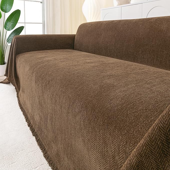 Smiry Couch Cover for Dogs, Washable Chenille Sofa Covers for 3 Cushion Couch, Soft Sofa Slipcover for Pets, Thick Sectional Furniture Protector with Tassels (Chocolate, 71x150 Inch)