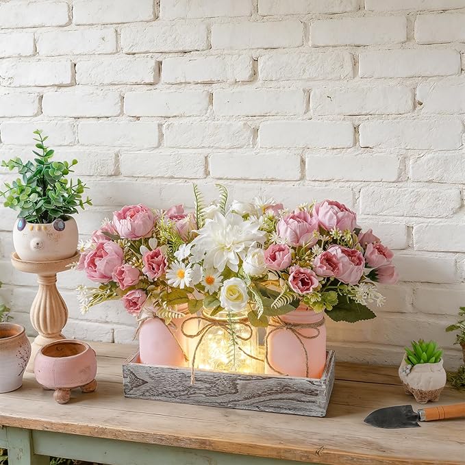 LUEUR Artificial Spring Rose Flowers in Mason Jars with Rustic Wood Tray, 3PCS Set – Pink Floral Centerpiece Table Decorations for Coffee Table, Dining Room, Kitchen & Farmhouse Home Decor