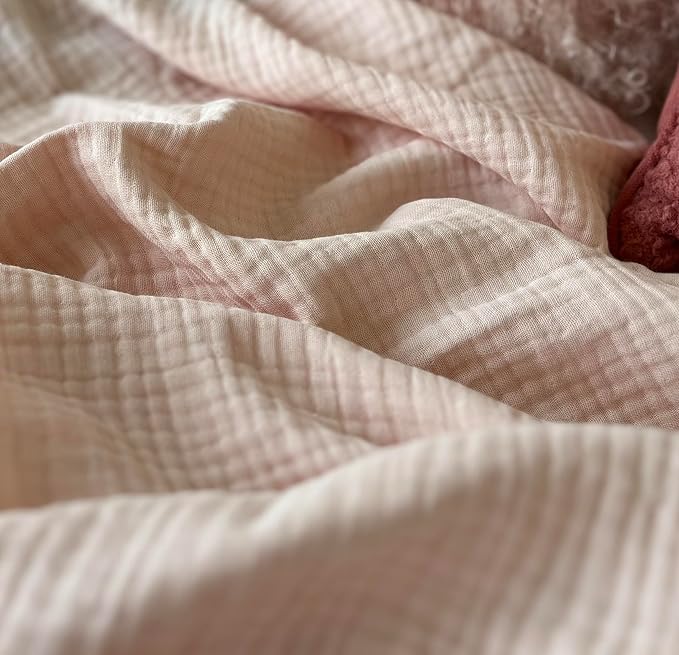 KyraHome 100% Organic Cotton Muslin Throw Blanket for Couch, Girls, Adults, Kids, 50"x60", Plant Dyed, Breathable Lightweight Soft Gauze Blanket, All Season (Soft Pink)