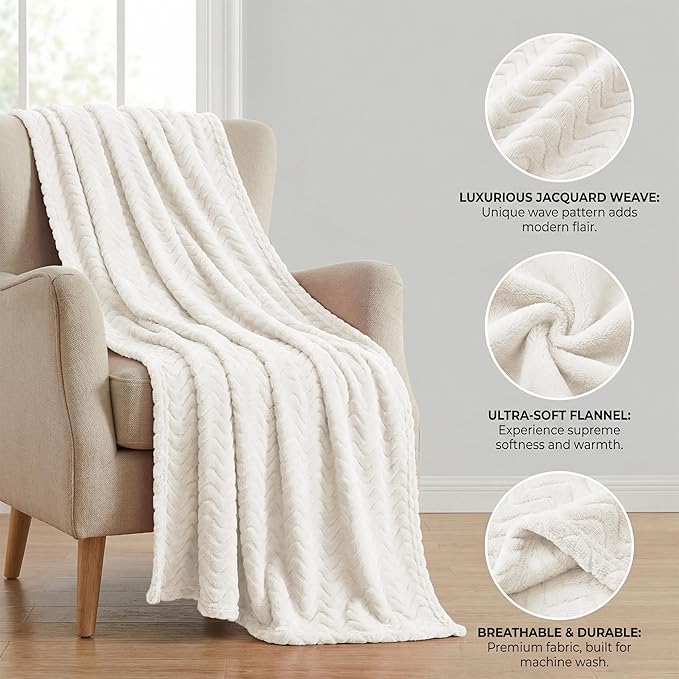 Exclusivo Mezcla Fleece Throw Blanket for Couch, Cozy Lightweight Blankets for All Season, Decorative Giftable Fuzzy Plush Wave Textured Throws for Women, Men, Ivory, 50x70 Inches