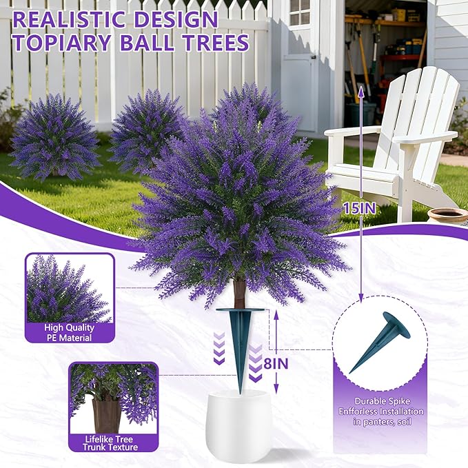 Artificial Lavender Topiary Ball, Set of 2 Artificial Boxwood Shrub Bushes with Ground Spike, Fake Evergreen Tree for Porch, Artificial Plants for Outdoor Planters Indoor UV Resistant