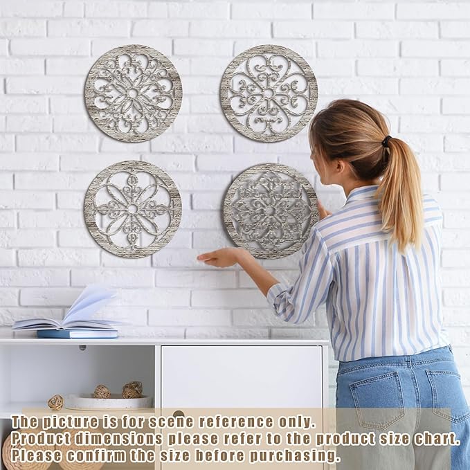 Yulejo 4 Pcs Thicken Rustic Wall Decor Farmhouse Kitchen Wall Round Art Wooden Hollow Carved Design Rustic Art for Living Room Bedroom Hallway Decor(9.8 x 9.8 Inch,grey wood tone)
