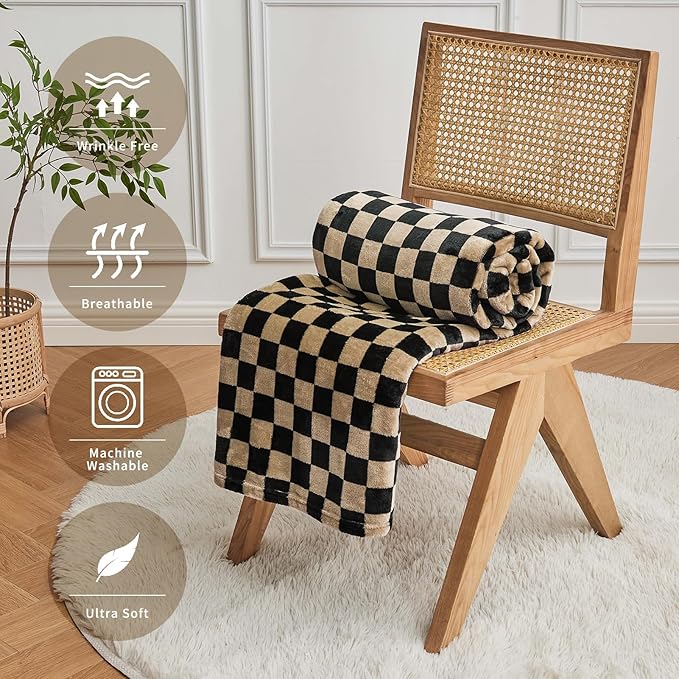 FY FIBER HOUSE Checkered Flannel Fleece Throw Blanket Soft Cozy Checkerboard Grid Print Chessboard Gingham Pattern Blankets for Bed Couch Sofa, 60"x80", Black Brown