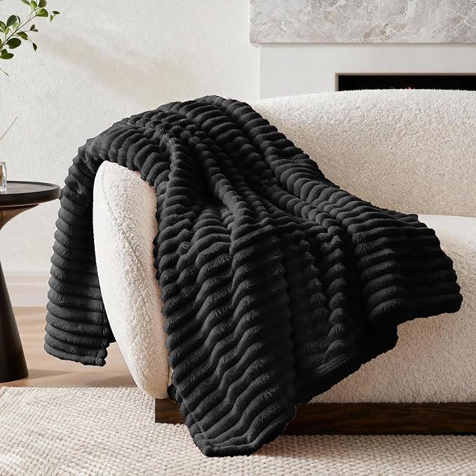 Nookly Black Twin Size Fleece Blanket, Soft Lightweight Ribbed Plush Bed Blanket, Cozy All-Season Striped Fleece Twin Throw for Bedroom and Home, 60x80 Inches