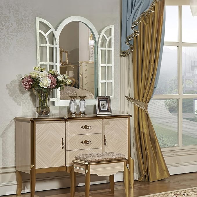 Window Mirrors for Wall Decor -White Arched Wall Mirror Farmhouse Wall Decor Wood Frame Decorative Wall Mirrors Like Window for Bedroom, Living Room, Entrance, Dining Room