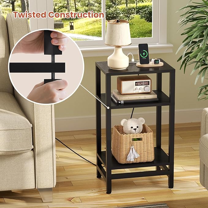 Tall Nightstand with Fast Charging Station, 3 Tier Small Table Stand for Small Space, Skinny Side Table with Type C and USB Port, End Tables for Living Room, Bedroom, Office, Black