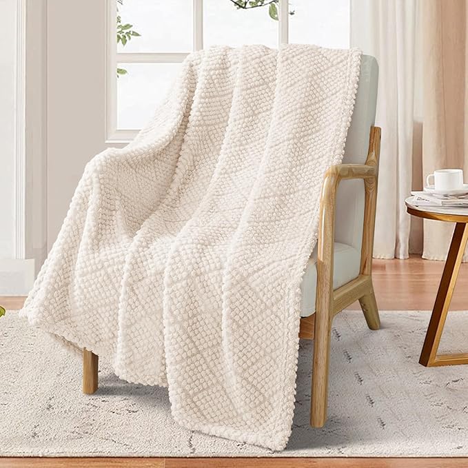 Whale Flotilla Fuzzy Fleece Throw Blanket for Couch, Bed, Soft Fluffy Jacquard Waffle Blankets for All Season, Lightweight and Warm, 50x60 Inch, Ivory