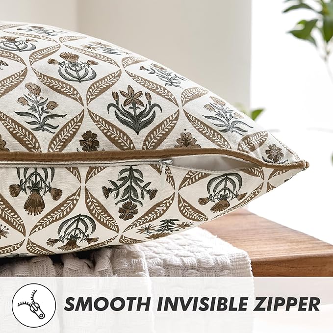 MIULEE Floral Throw Pillow Covers 20x20 Set of 2 Brown Spring Decorative Block Print Cotton Cushion Covers for Couch Living Room, Boho Modern Outdoor Sofa Vintage Garden Pillowcases Home Decor