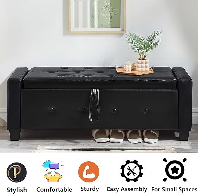 48" PU Leather Storage Ottoman Bench for Bedroom Bed End,Tufted Faux Leather Ottomans with Storage for Living Room,Bedside,Entryway,Modern Window Benches with Seating (PU Black, 48")