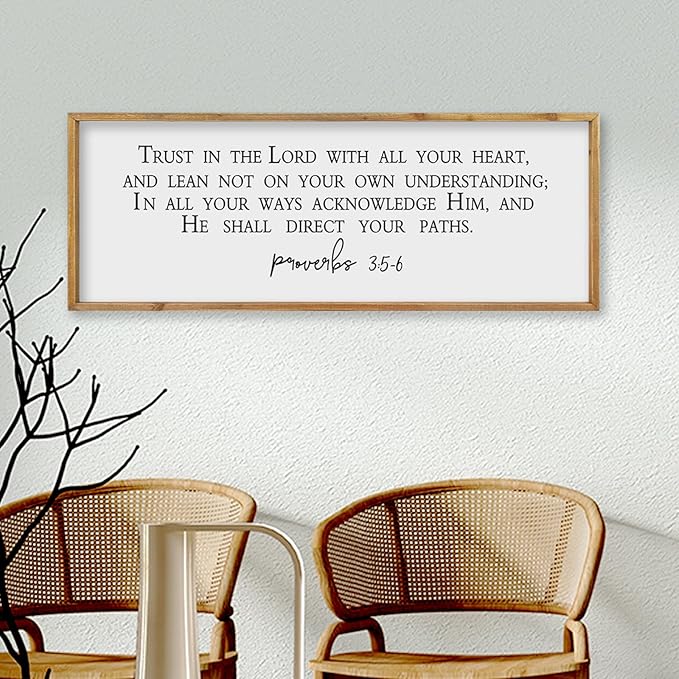 comurdyo Bible Verse Trust in the Lord With All Thine Heart Wall Decor 32"×12" Proverbs 3:5-6 Sign Scripture Christian Prayer Large for Family Modern Rustic Bedroom Wood Framed Plaque Hanging (Wood)