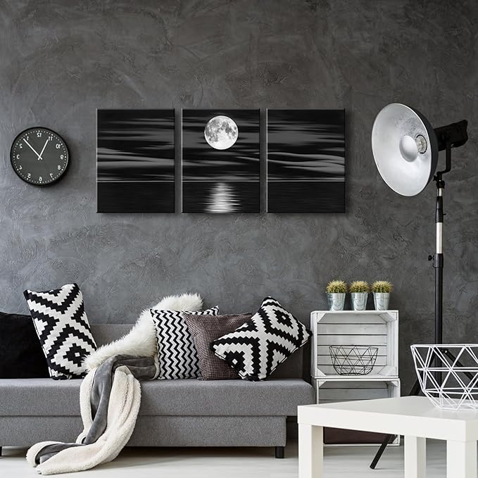 Wieco Art 3 Panel Sea White Full Moon in Night Canvas Print Wall Art Black and White Ocean Beach for Living Room Bedroom Kitchen Home Decorations Modern Abstract Artwork